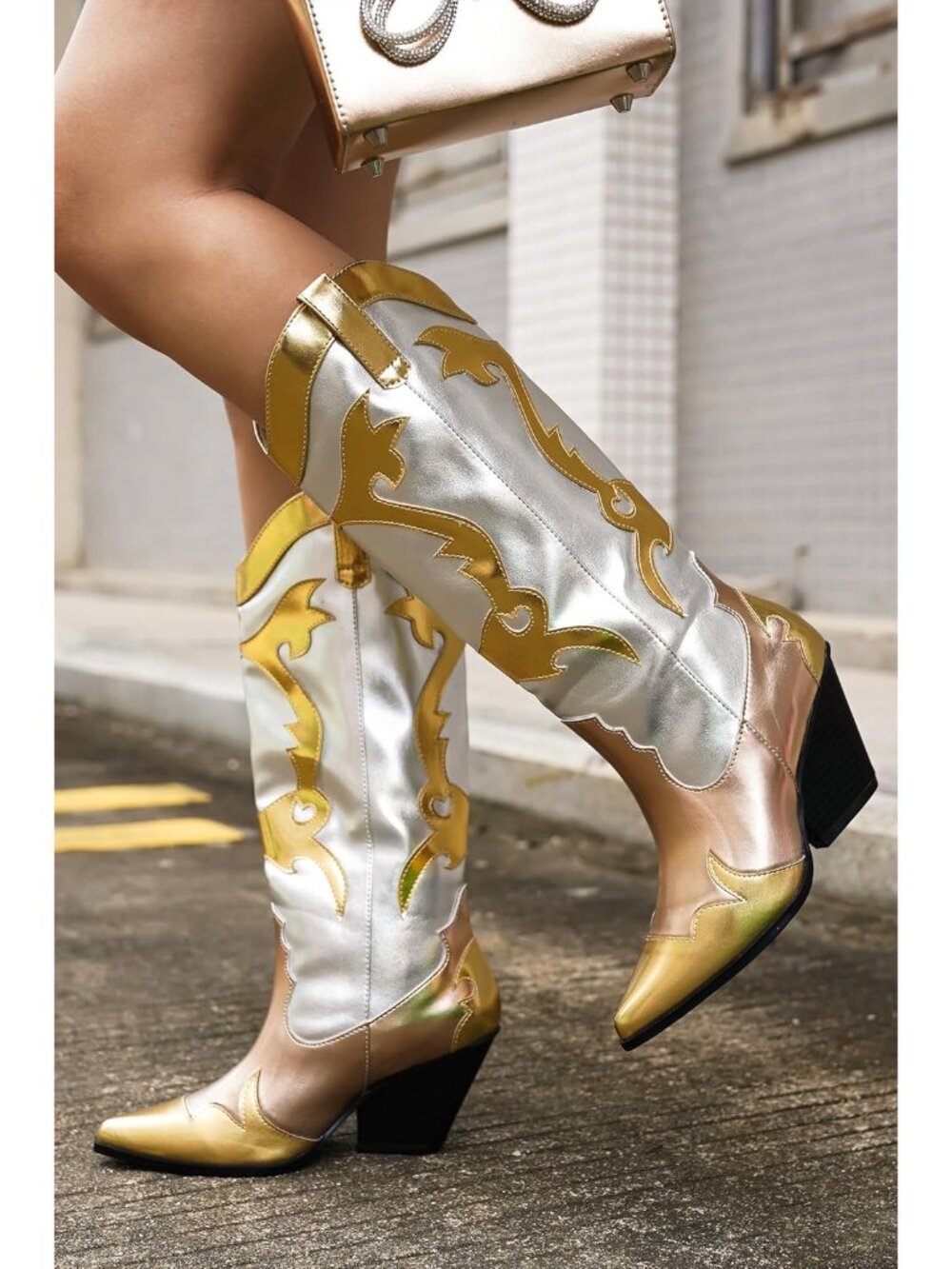 Womenโs Gold Pull-On Metallic Colorblock Cowboy Boots Mid-Calf Pointed Toe Heel - Picture 2 of 6